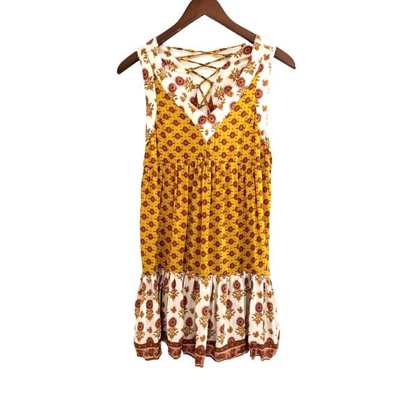Baevely Large MUSTARD PATTERN TIE BACK MINI DRESS Boho Cottage Bohemian Sexy L - Picture 2 of 8